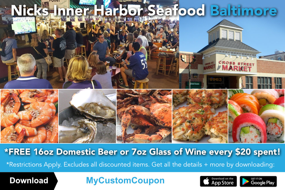 A collage image of a seafood restaurant in baltimore md named nicks inner harbor seafood